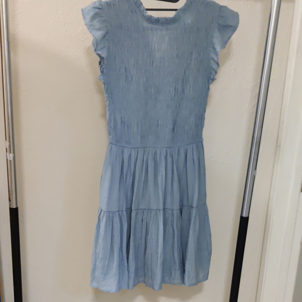 Mine Petrol Blue Tiered Midi Dress Linen-like Lined Elastic Top Size M